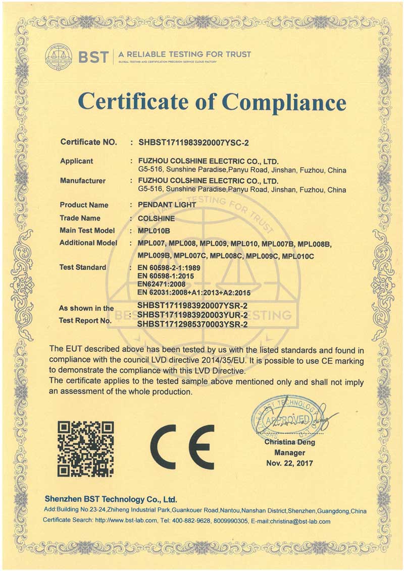 Certificat CE de lampes suspendues en métal