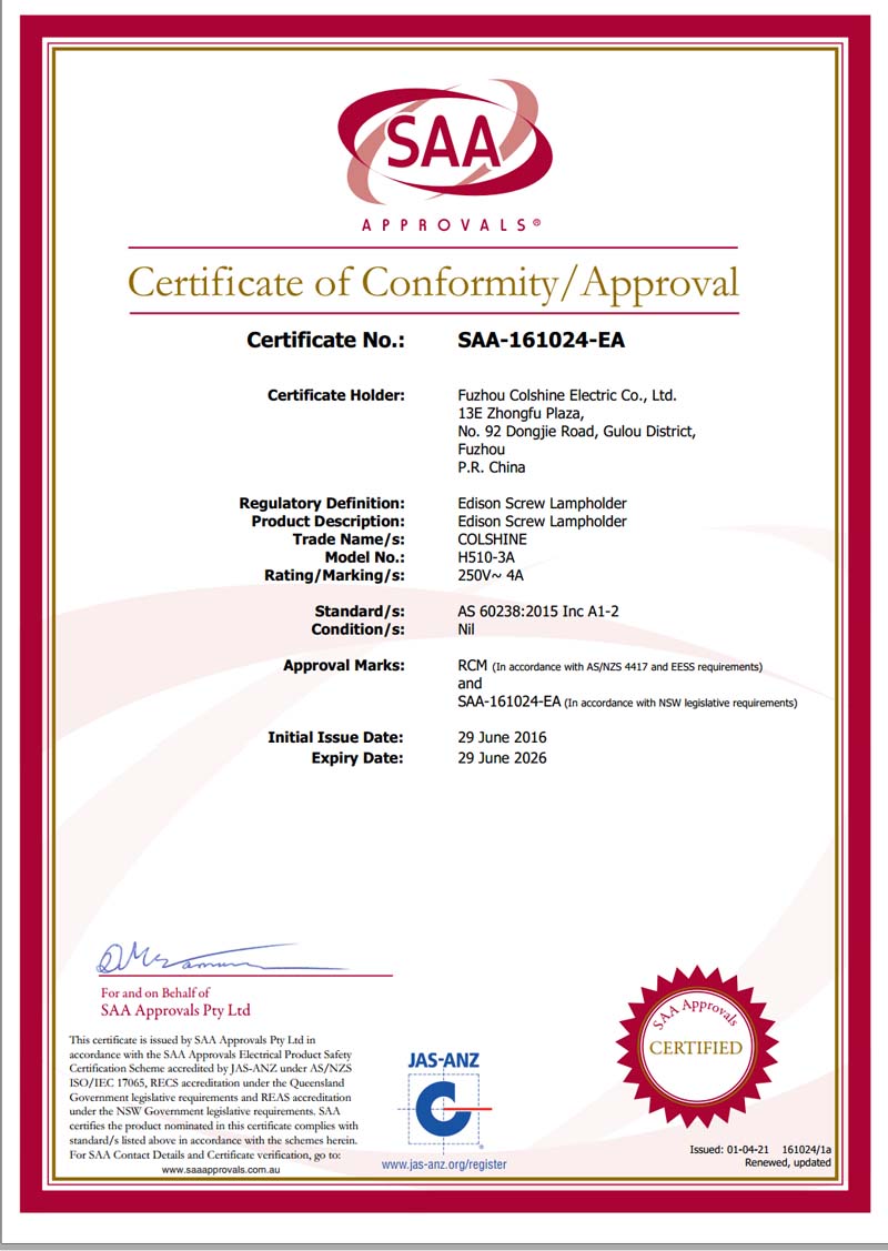 Certificat SAA pour le support de lampe en céramique à vis Edison