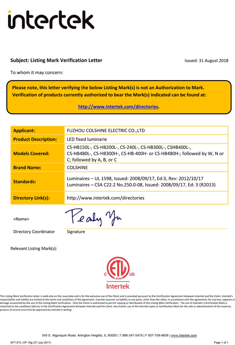 Certificat ETL pour les luminaires fixes à LED