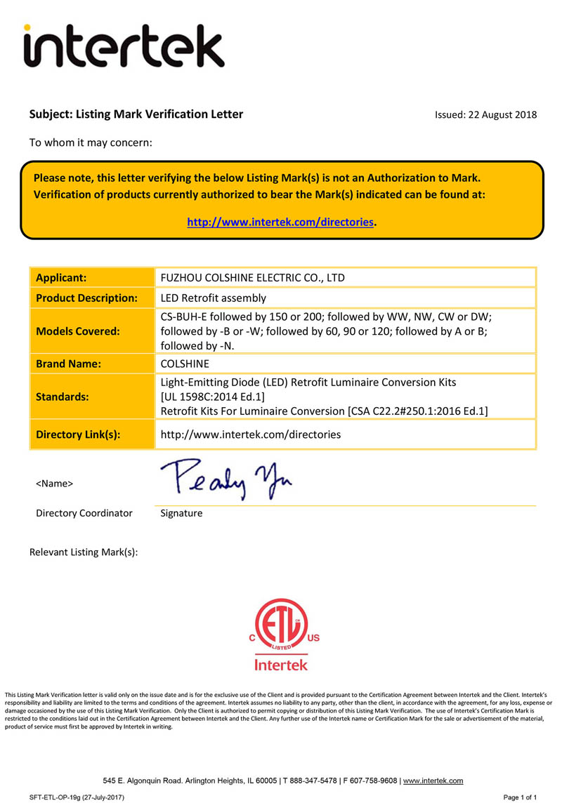 Certificat ETL d'assemblage de rénovation LED