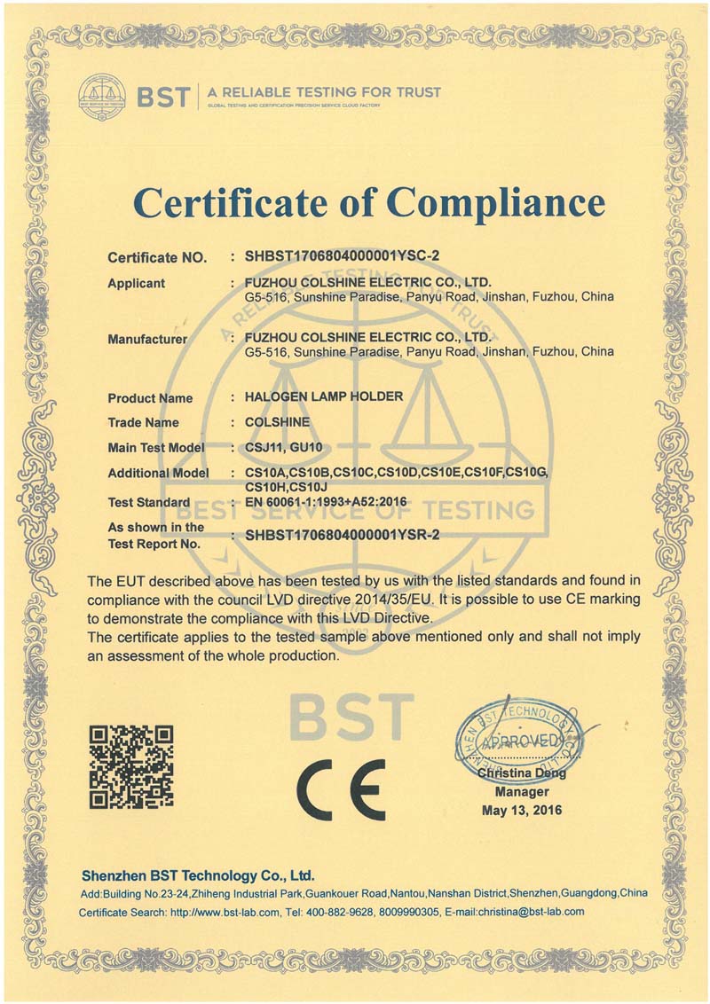 Certificat CE du support de lampe halogène GU10