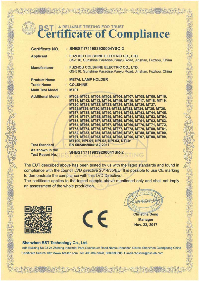 Certificat CE des douilles de lampe en métal
